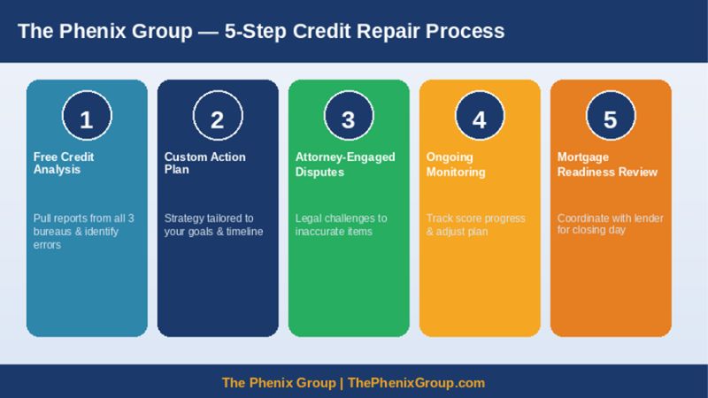 The Phenix Group 5-step attorney-engaged credit repair process 